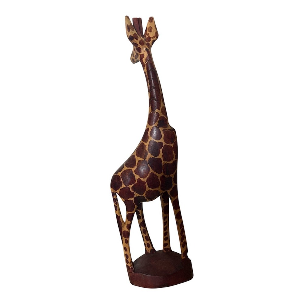 Vintage Hand Carved Wooden Giraffe Statue 18.5 Inch Tall Safari Decor Figurine